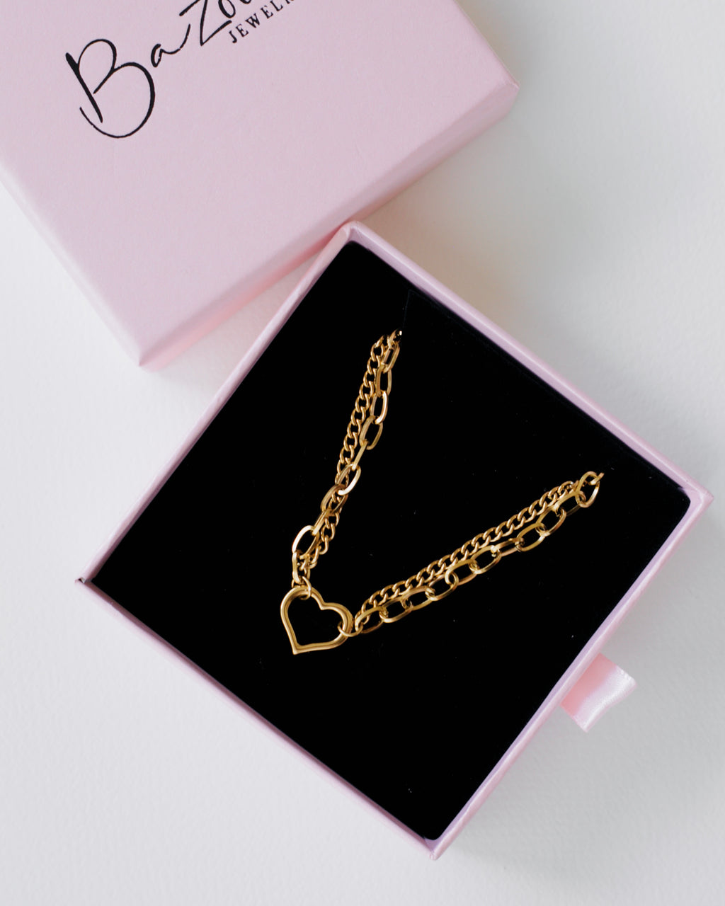 Double Chain Necklace with Open Heart in Gold
