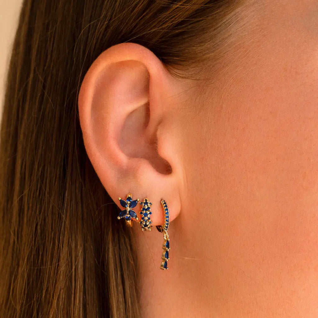 Delfina Flower Huggie CZ Hoop Earrings in Blue and Gold - Preorder Now