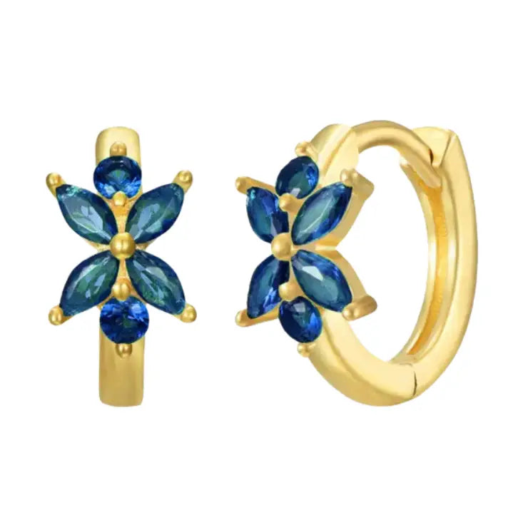 Delfina Flower Huggie CZ Hoop Earrings in Blue and Gold - Preorder Now
