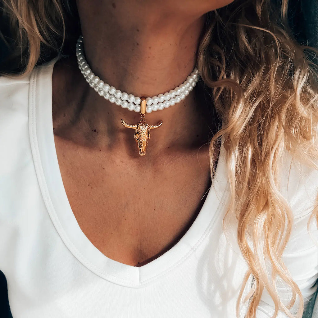 Gold Bull Skull Pendant, Western Style Double Pearl Choker - Preorder Now