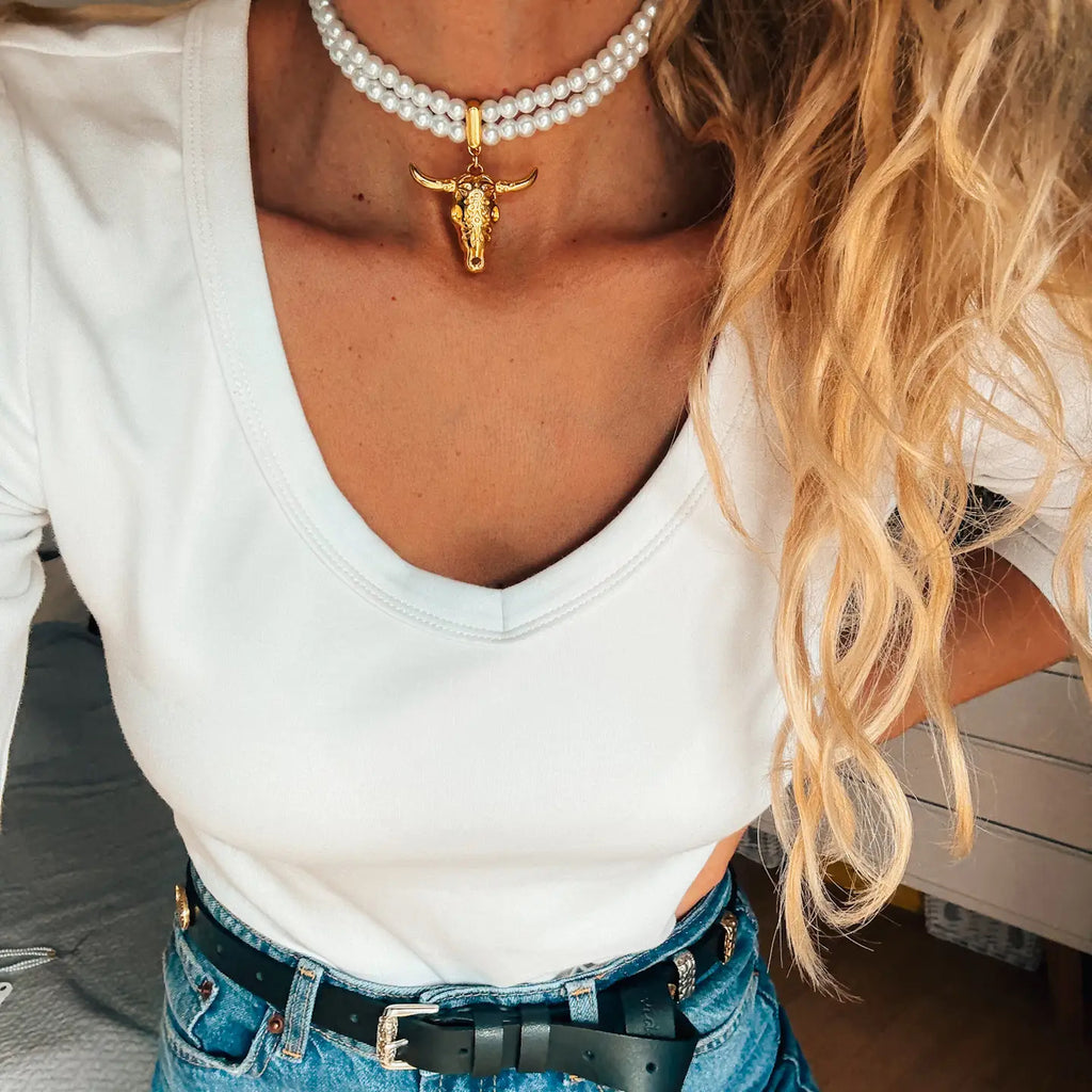 Gold Bull Skull Pendant, Western Style Double Pearl Choker - Preorder Now