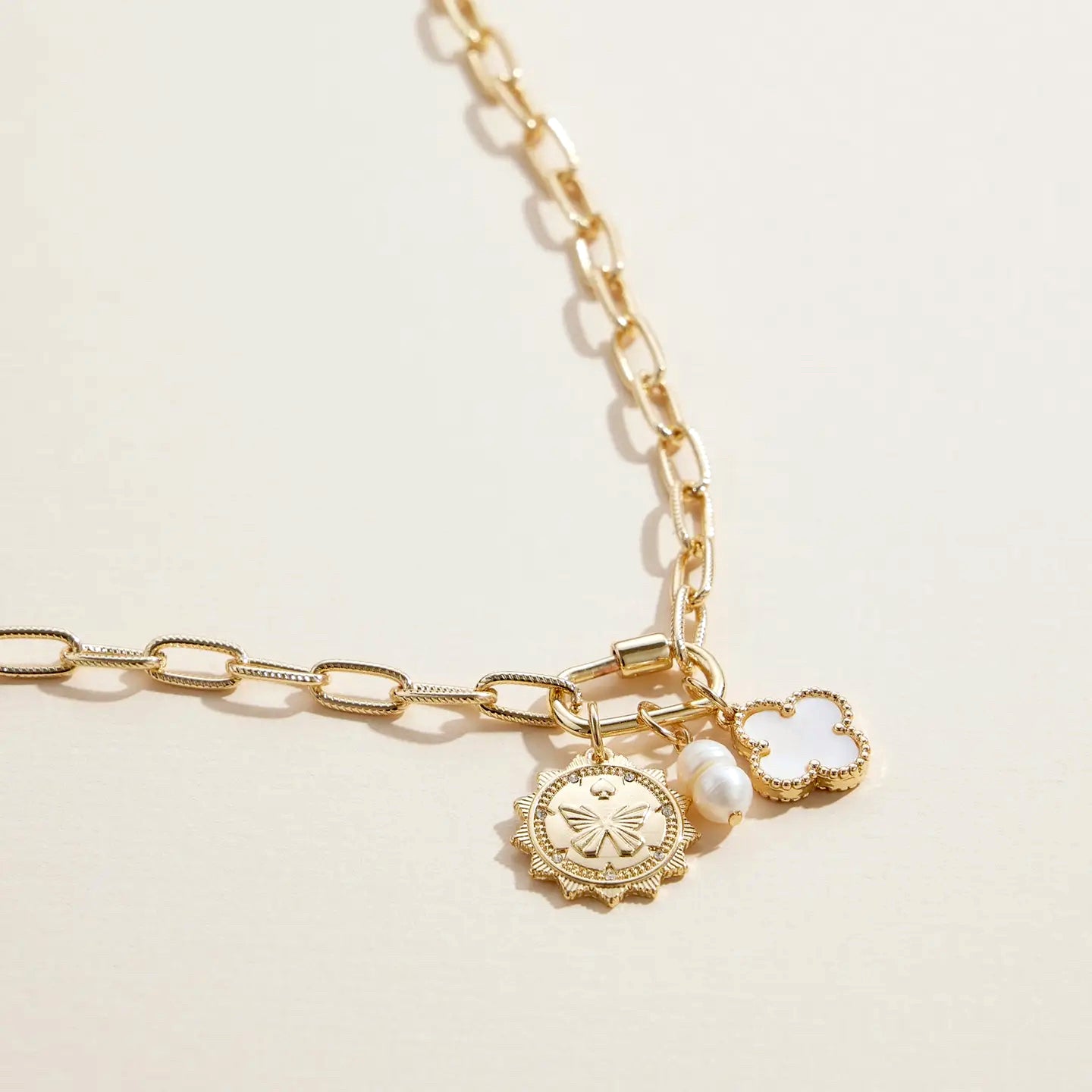 Chain Necklace with Butterfly, Pearl, and Clover Charms - Preorder Now