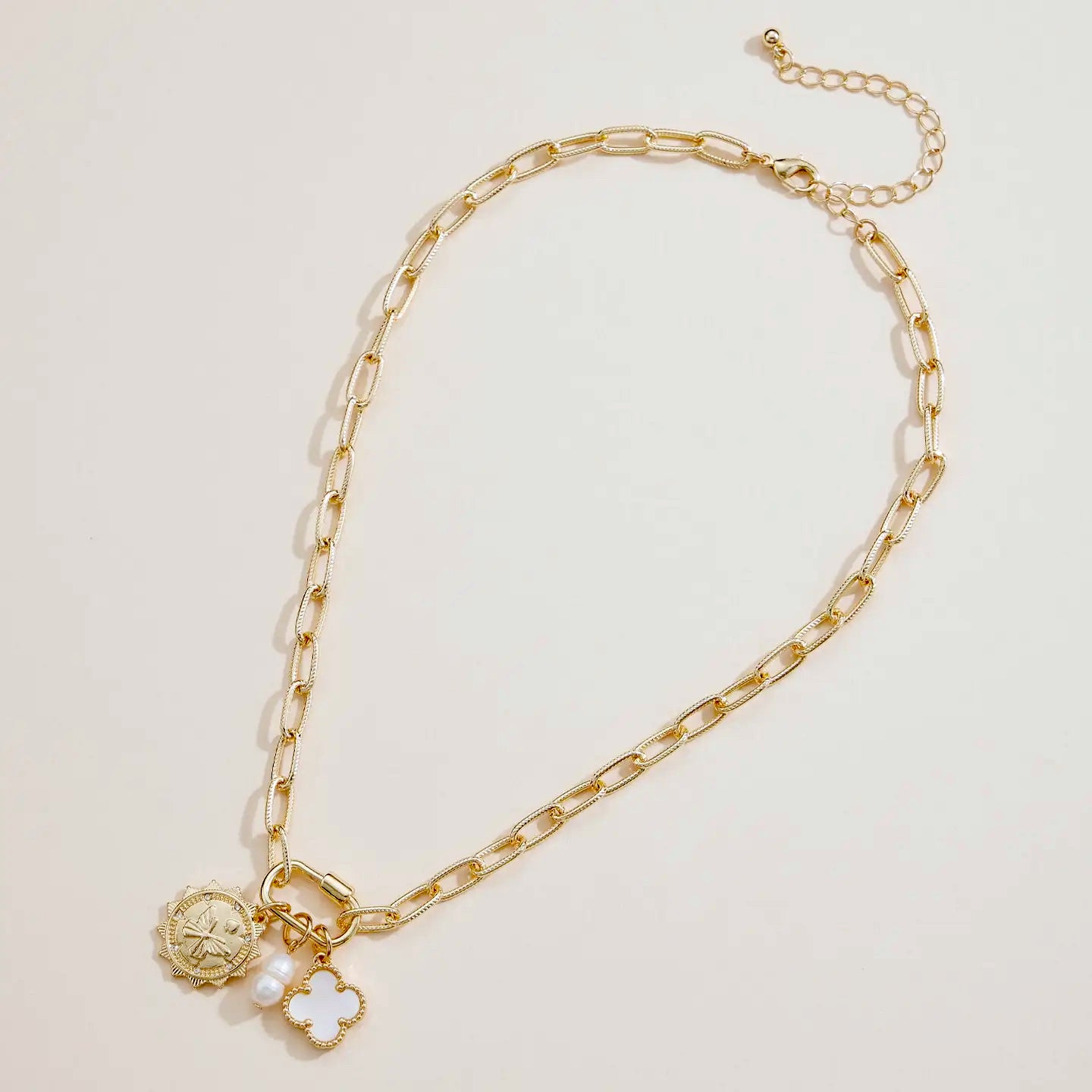 Chain Necklace with Butterfly, Pearl, and Clover Charms - Preorder Now