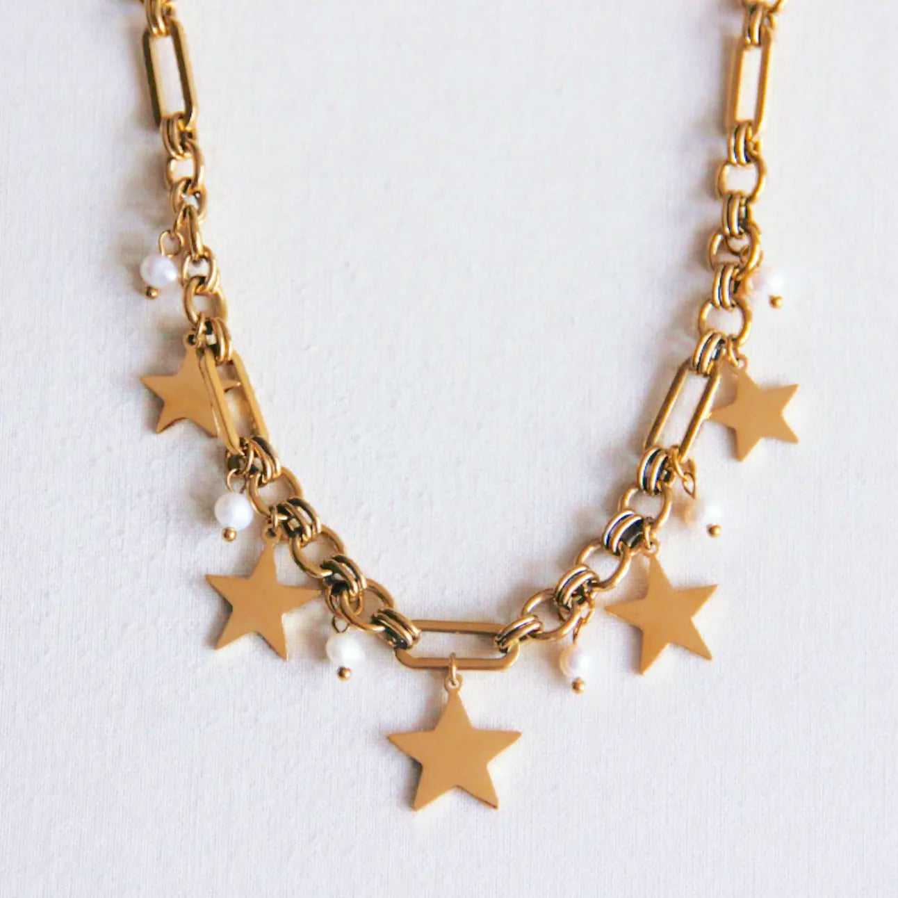 Charm Necklace with Stars and Mini Pearls