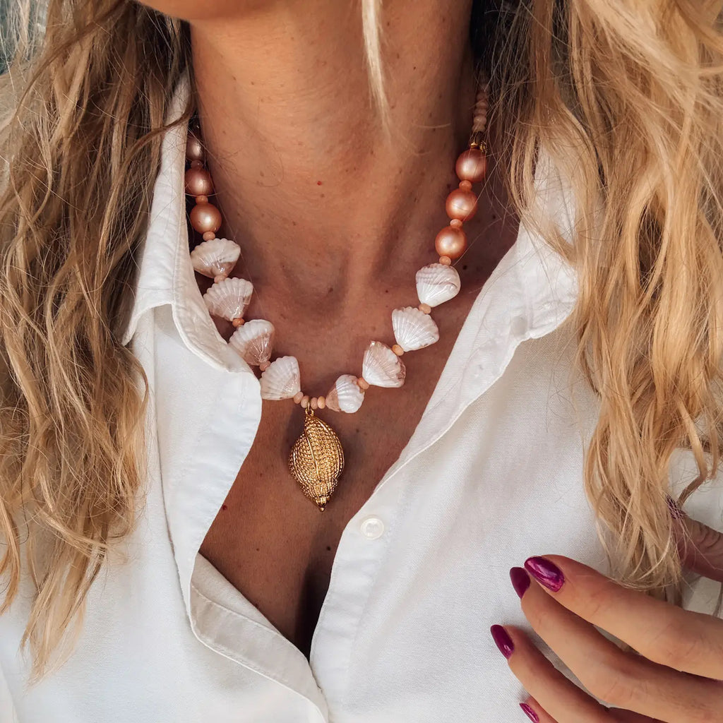 Gold Large Shell Statement Necklace in Salmon Pink - Preorder Now