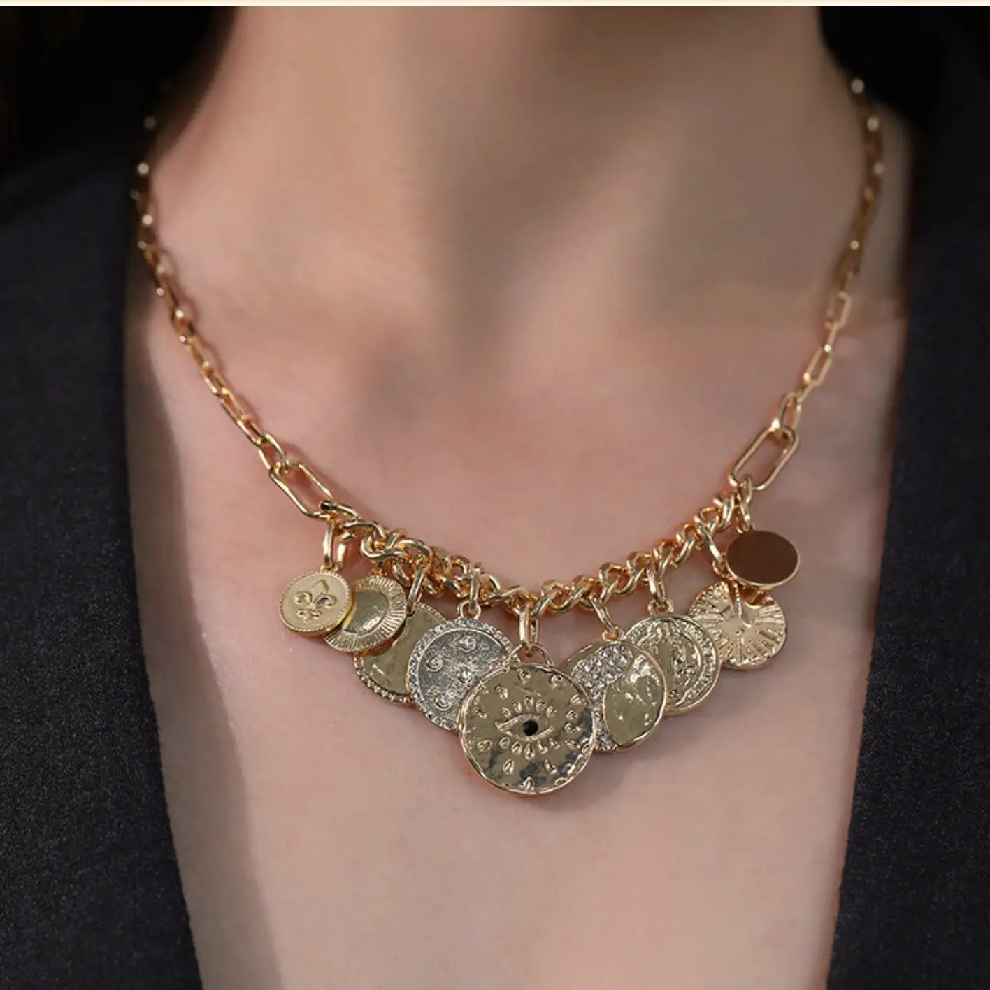 Celestial Multi Charm Paperclip Necklace with 9 Coins - Preorder Now