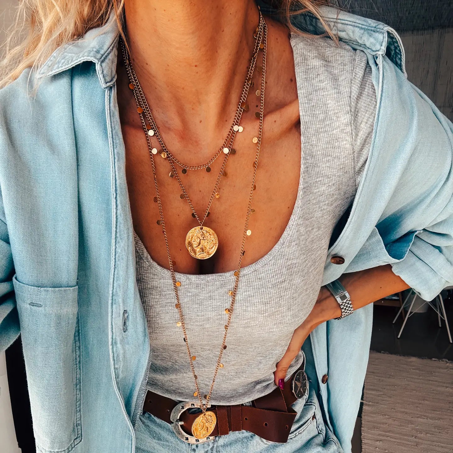 Gold Layer Chain Necklaces with Large Ancient Coin - Preorder Now