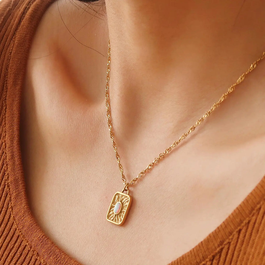 Elaine 18K Non-Tarnish Rectangle Stone Sun Necklace - Preorder Now