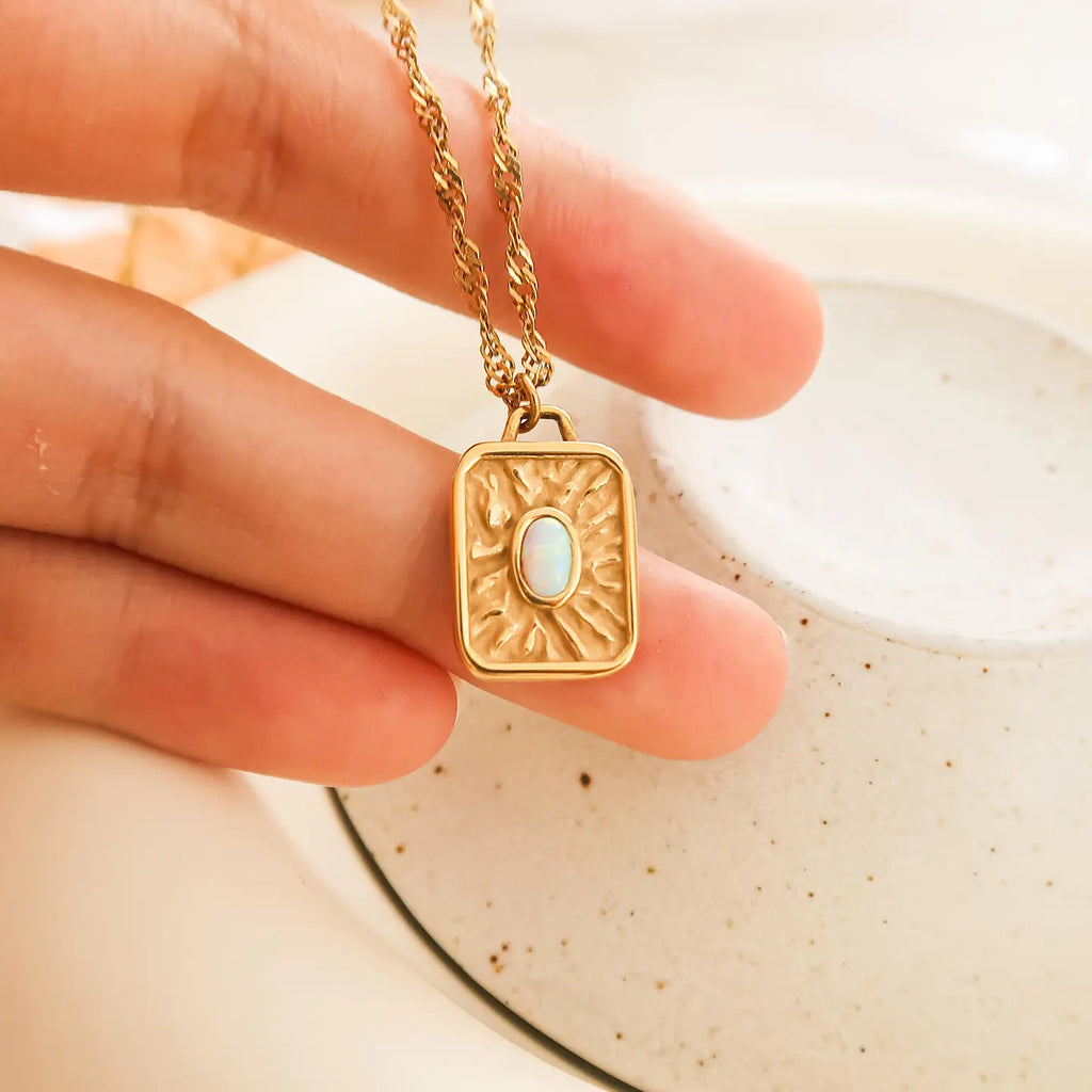 Elaine 18K Non-Tarnish Rectangle Stone Sun Necklace - Preorder Now