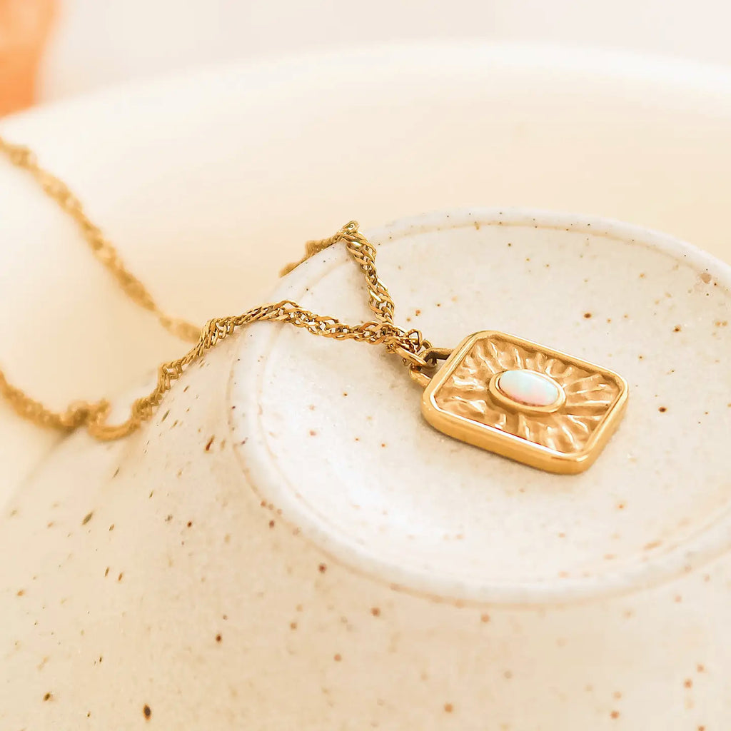 Elaine 18K Non-Tarnish Rectangle Stone Sun Necklace - Preorder Now