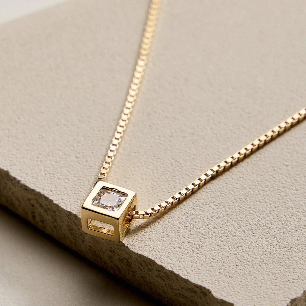 Gold Filled Box Chain Necklace with Geometric Cube Pendant - Preorder Now