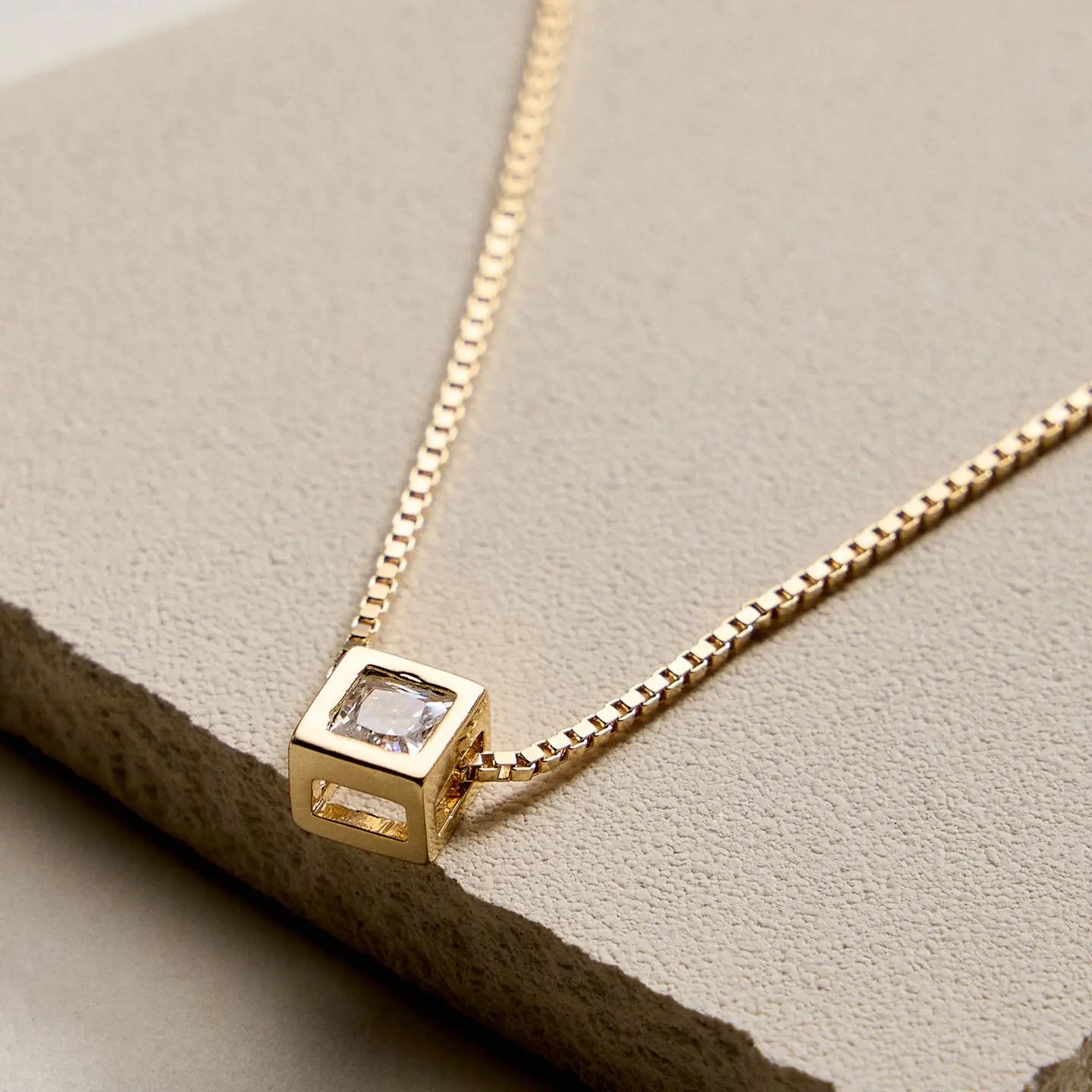 Gold Filled Box Chain Necklace with Geometric Cube Pendant - Preorder Now