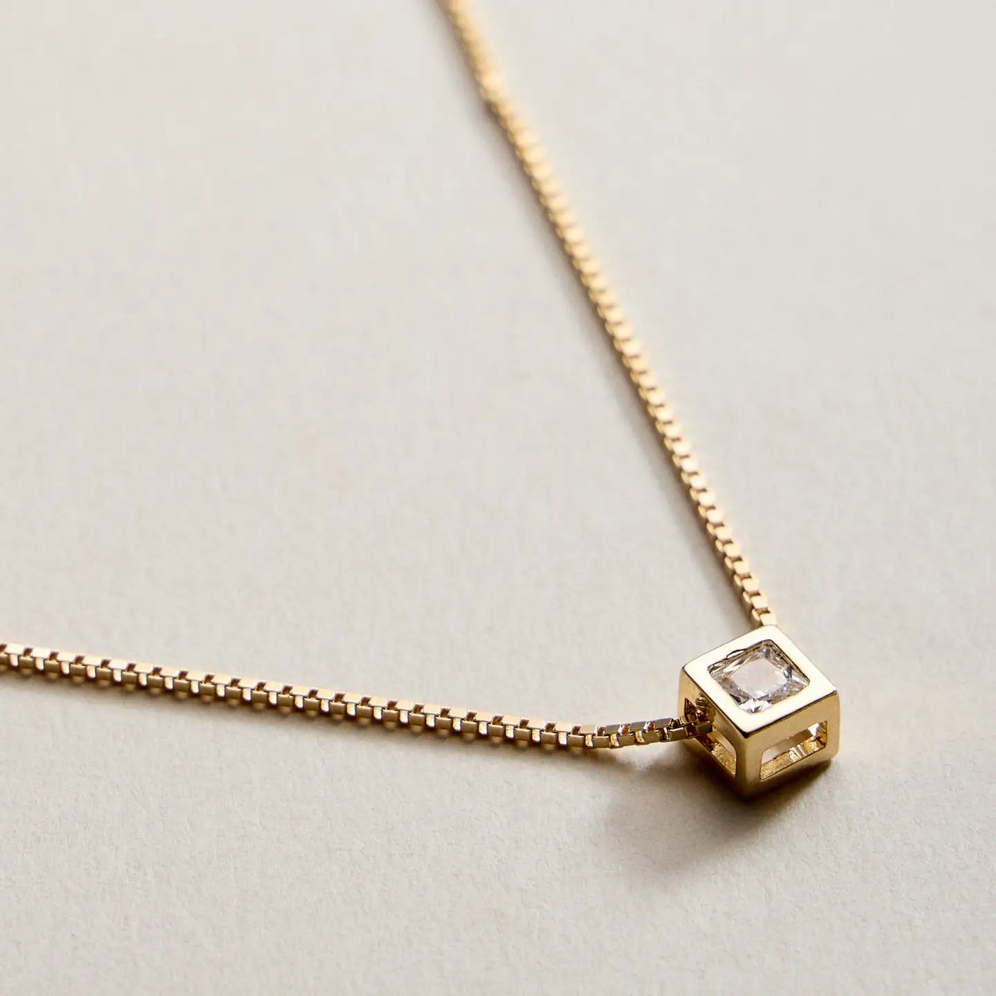 Gold Filled Box Chain Necklace with Geometric Cube Pendant - Preorder Now