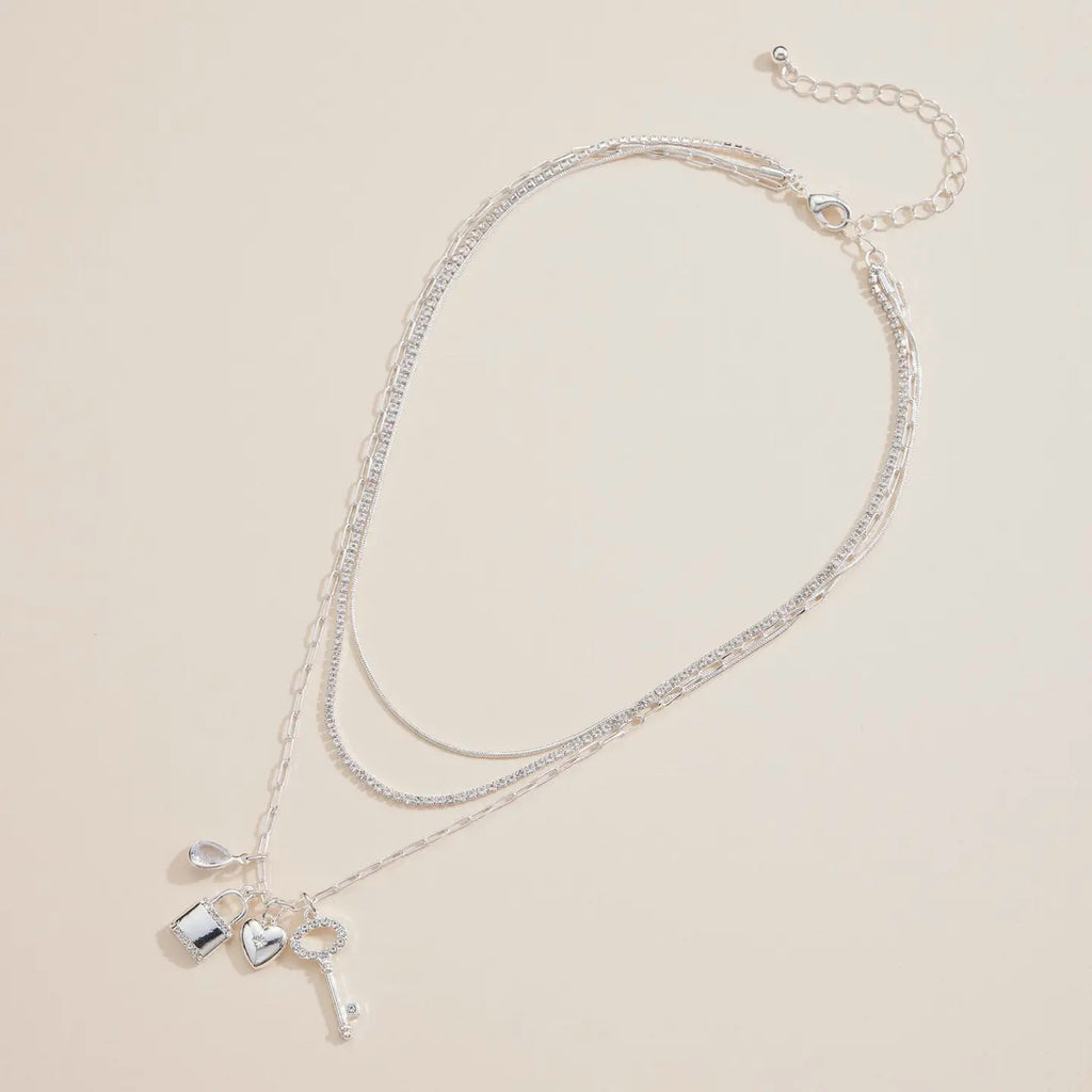 Layered Silver Necklace with Lock, Key & Heart Charms - Preorder Now