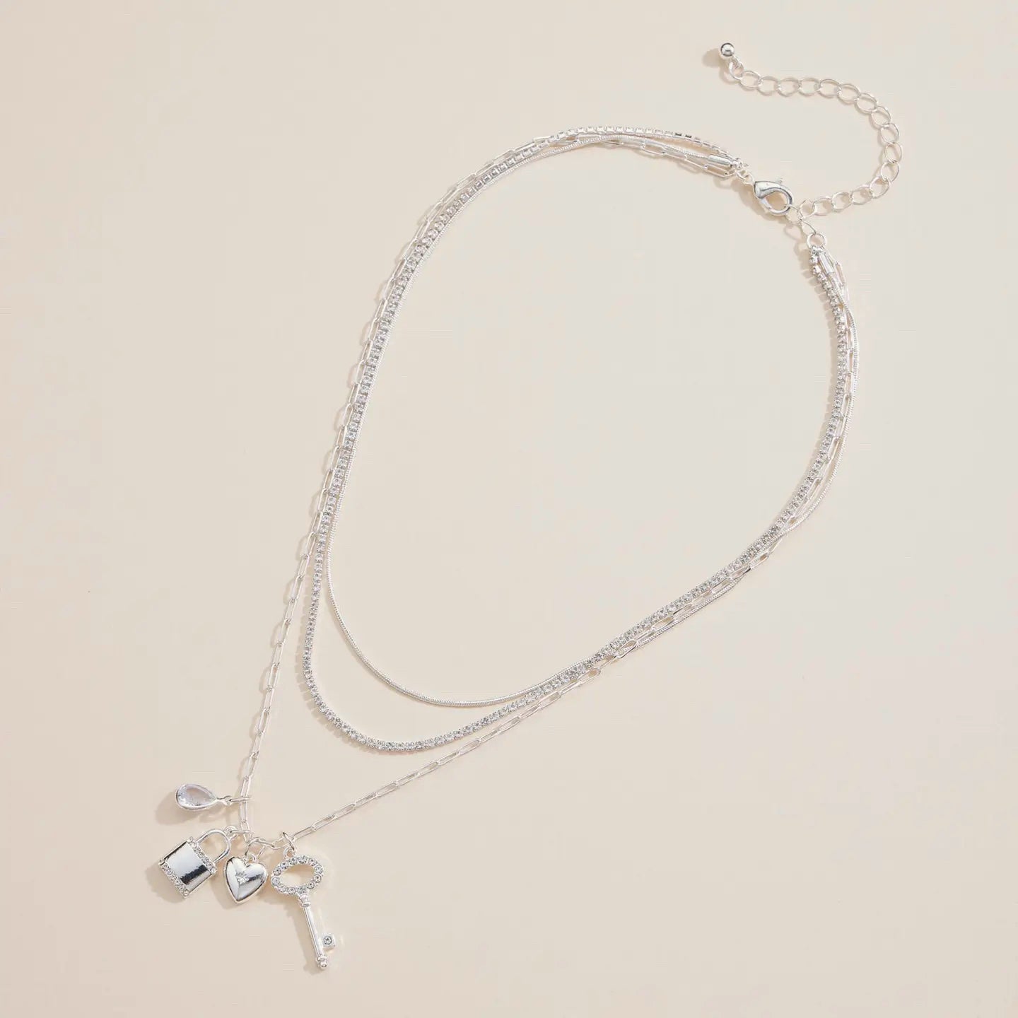 Layered Silver Necklace with Lock, Key & Heart Charms - Preorder Now