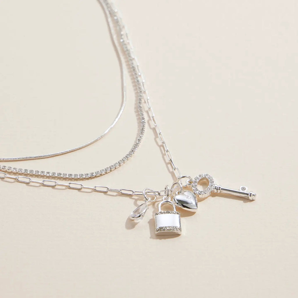 Layered Silver Necklace with Lock, Key & Heart Charms - Preorder Now
