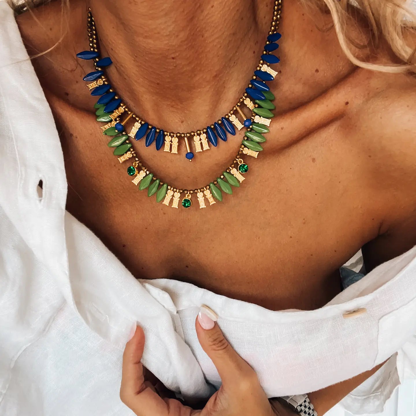 Gold Blue and Green Layering Beaded Necklaces - Preorder Now