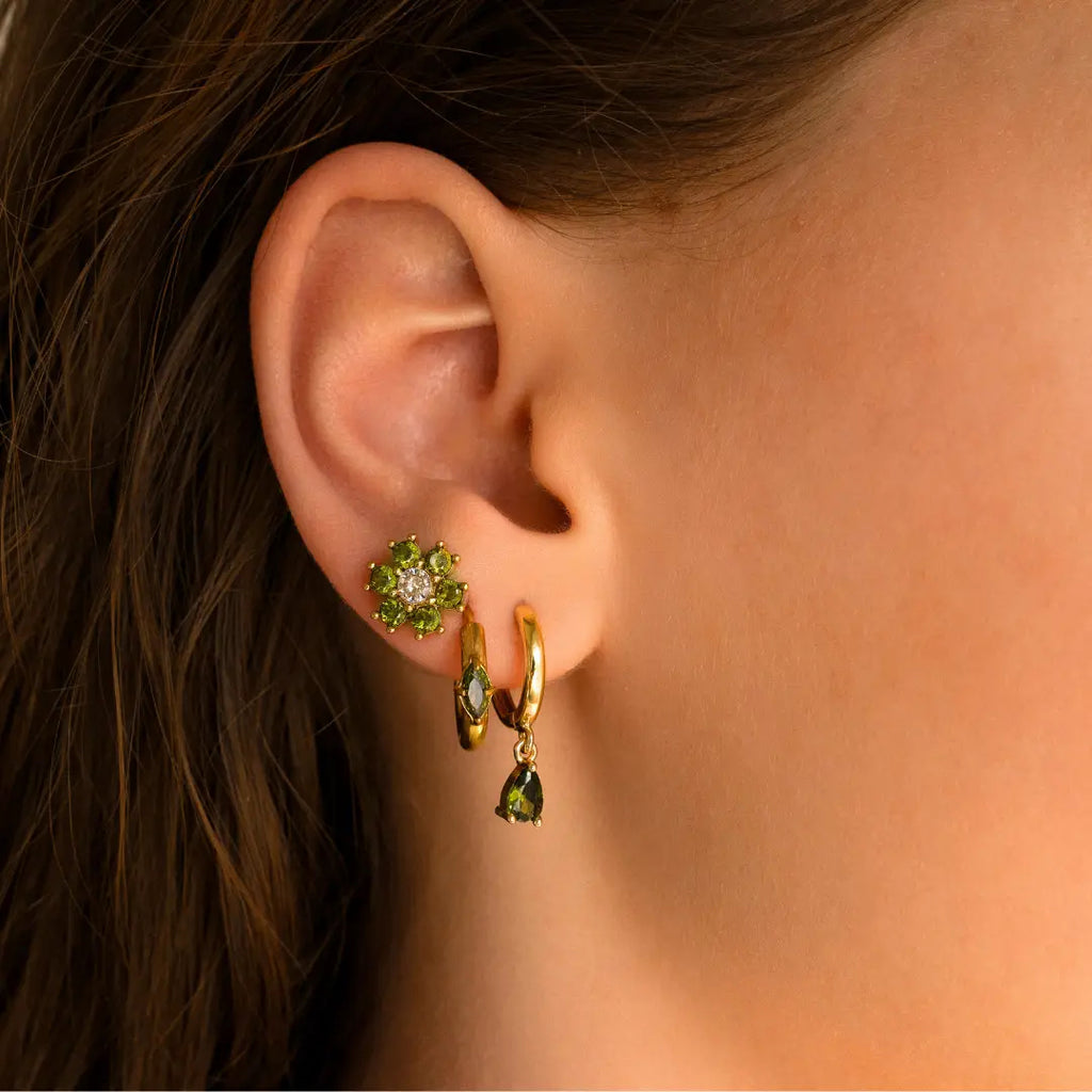 Dainty Droplet Huggie Earrings in Olive Green and Gold - Preorder Now