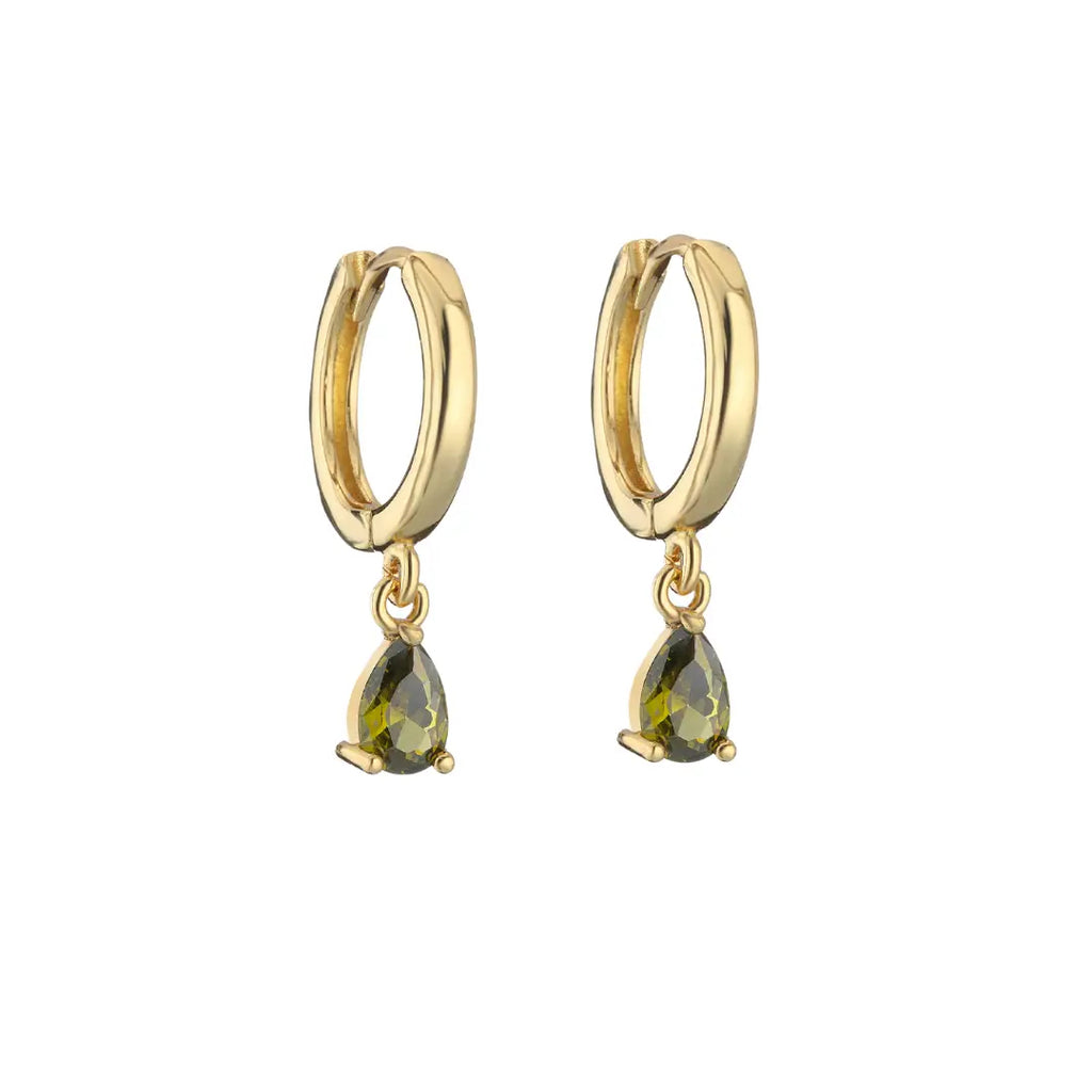 Dainty Droplet Huggie Earrings in Olive Green and Gold - Preorder Now