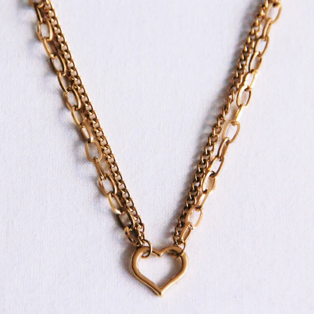 Double Chain Necklace with Open Heart in Gold