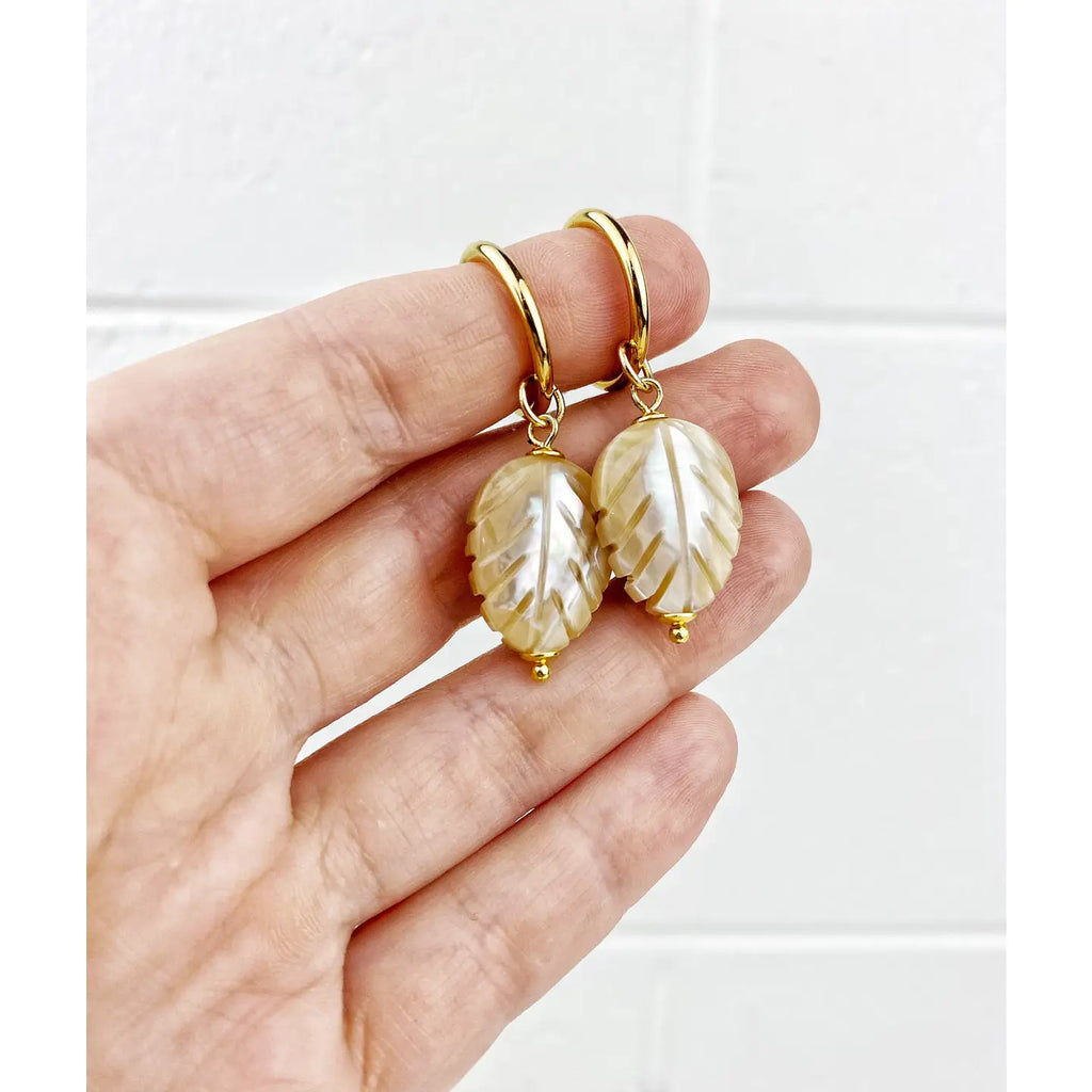 Mother of Pearl Carved Leaf Hoop Earring - Preorder Now