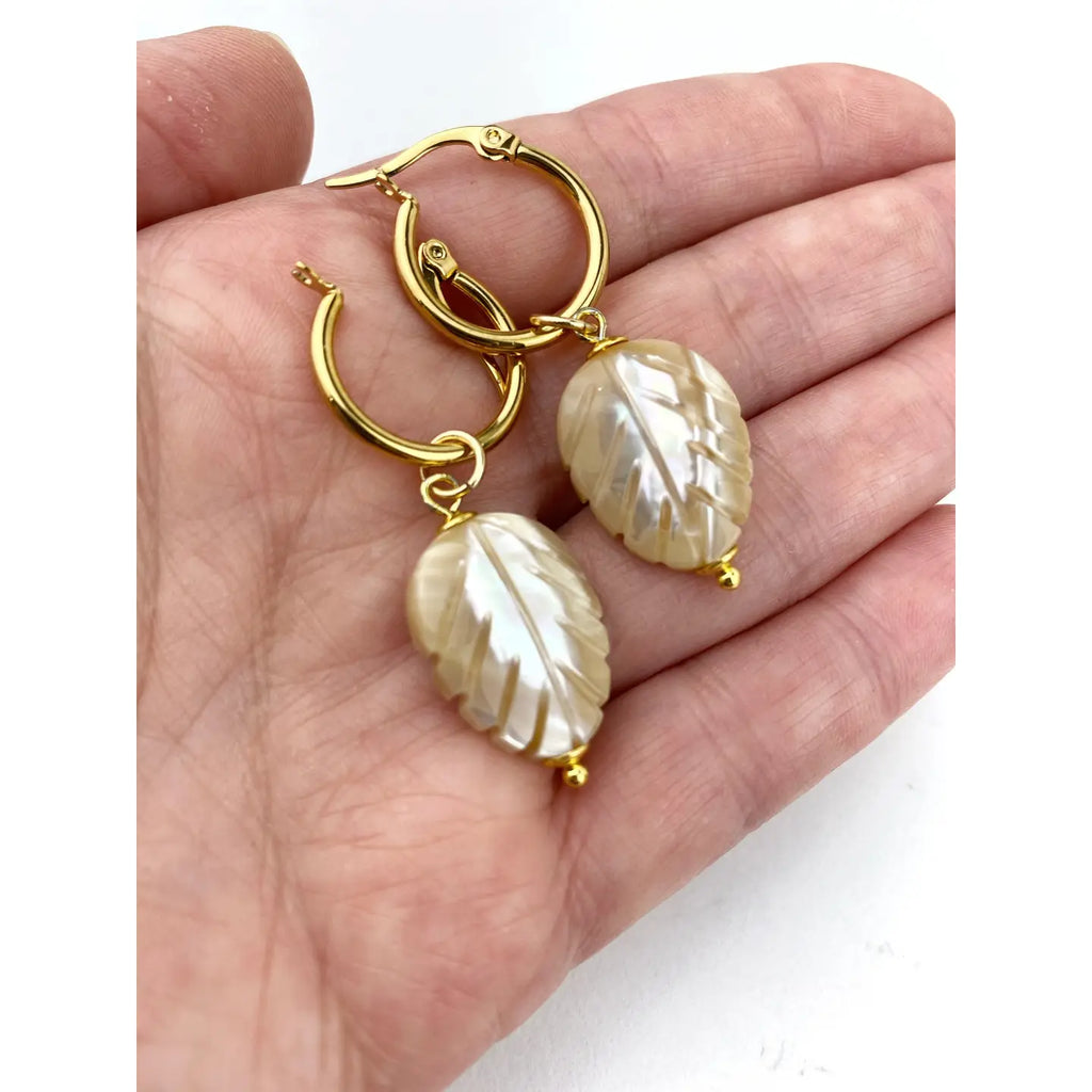 Mother of Pearl Carved Leaf Hoop Earring - Preorder Now