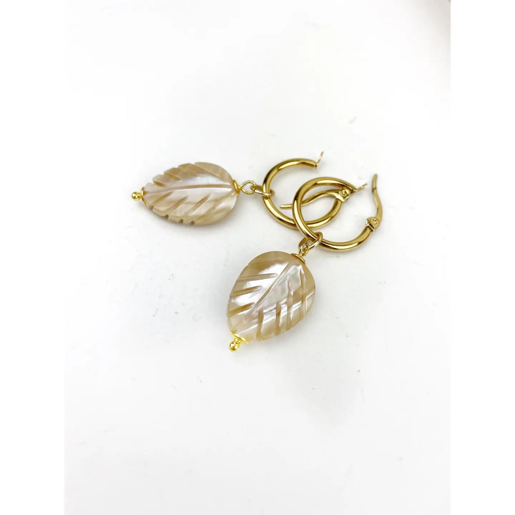 Mother of Pearl Carved Leaf Hoop Earring - Preorder Now
