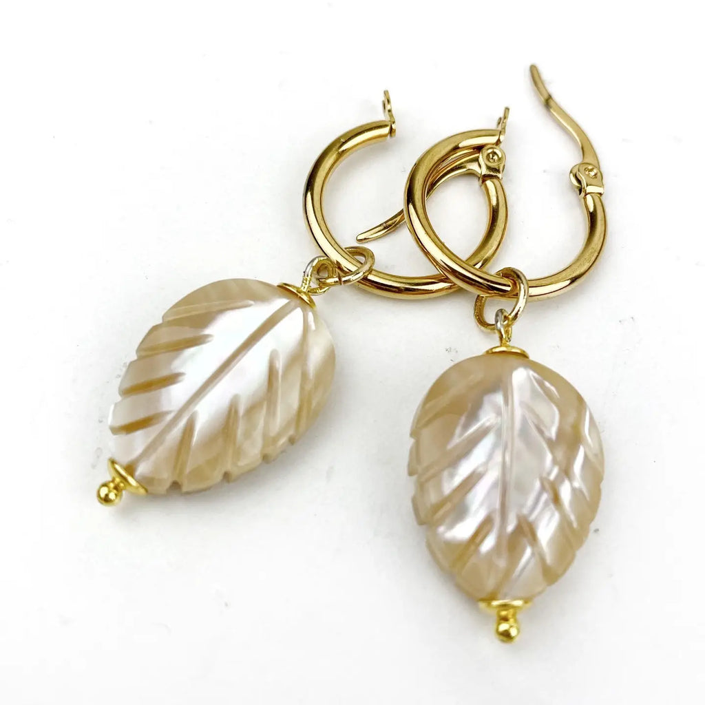 Mother of Pearl Carved Leaf Hoop Earring - Preorder Now
