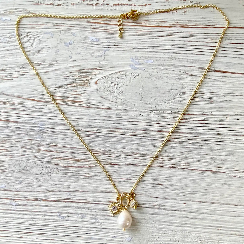 Delicate Pearl, Sun, and Micro Pave Necklace - Preorder Now