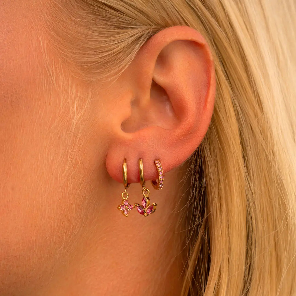 Primrose Pink Flower Drop Huggie Earrings in Gold - Preorder Now