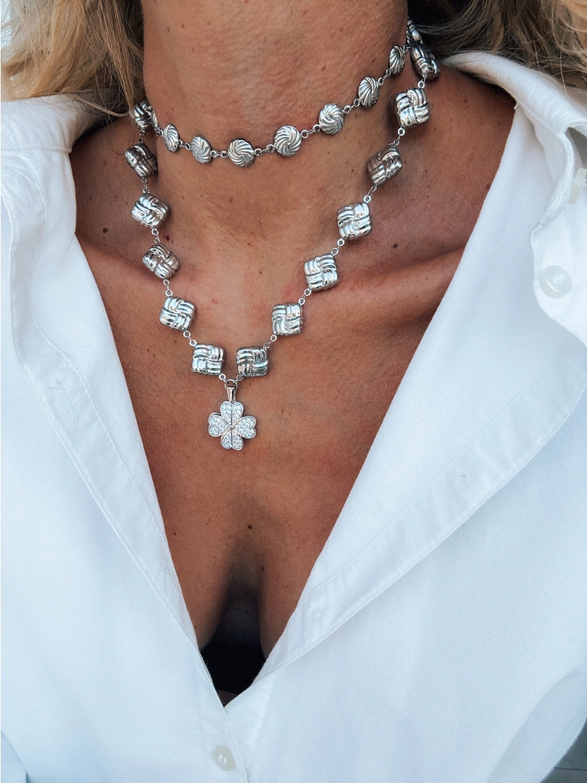 Silver Chunky Chain Necklace and Choker with Clover Detail - Preorder Now