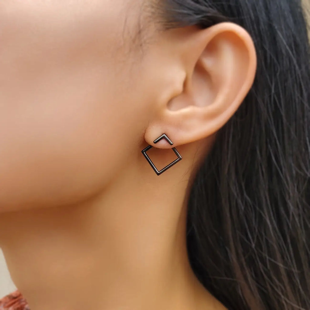 Square Ear Jacket Rhodium Plate Stirling Silver Earrings in Black - Preorder Now