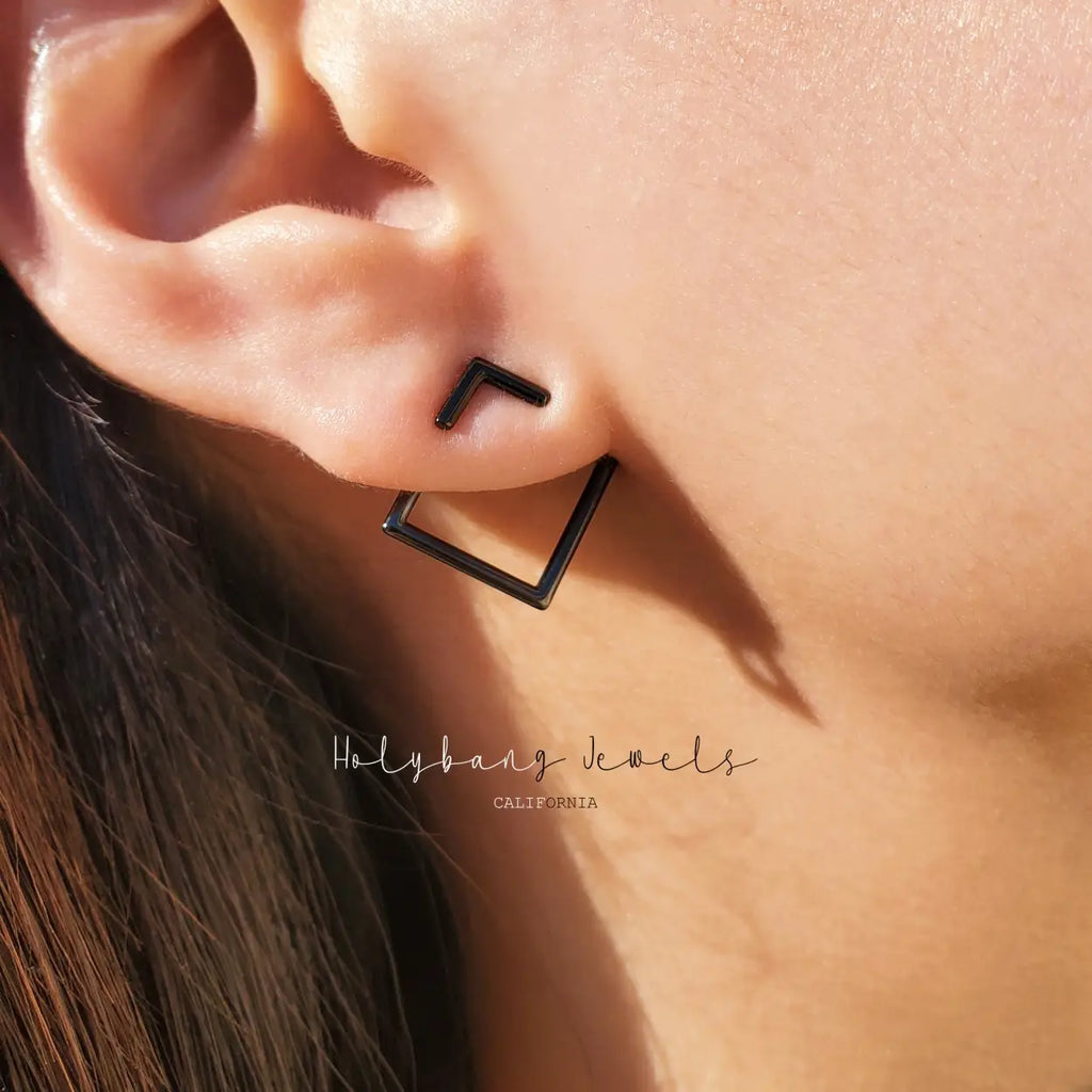 Square Ear Jacket Rhodium Plate Stirling Silver Earrings in Black - Preorder Now